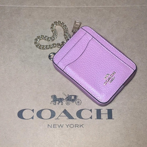 NWOT COACH Zip Card Case w Chain Pebble Leather GORGEOUS & AUTHENTC in True PinK - Picture 1 of 3